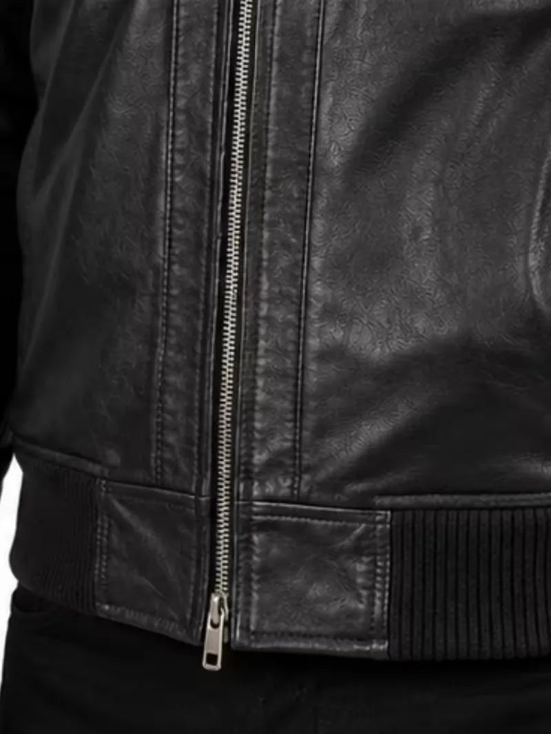 Men's black sheepskin leather hooded jacket, full length
