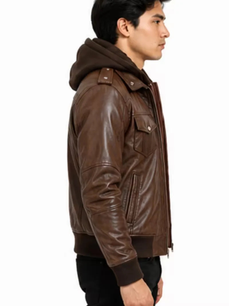 Men's black sheepskin leather hooded jacket, lining detail