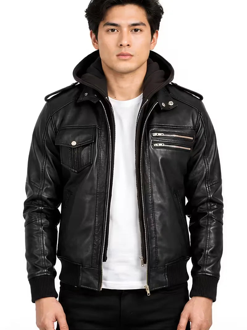 Men's black sheepskin leather hooded jacket, front view
