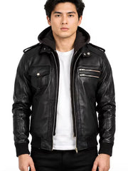 Men's black sheepskin leather hooded jacket, front view