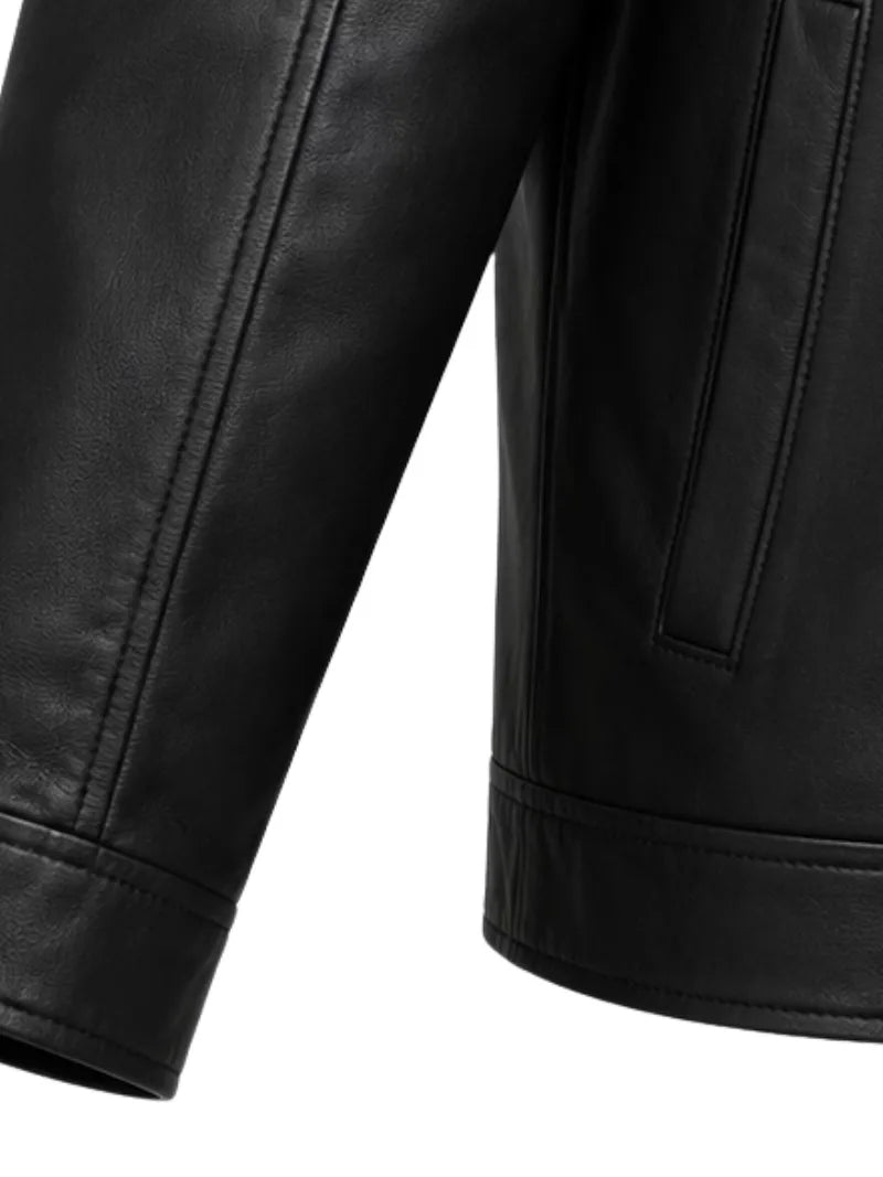 Men's black sheepskin leather shirt jacket, lining detail