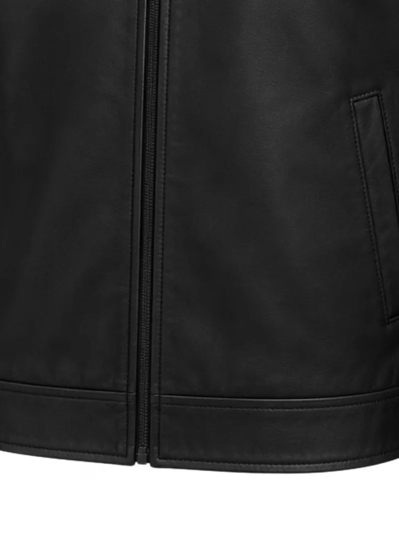 Men's black sheepskin leather shirt jacket, pocket detail