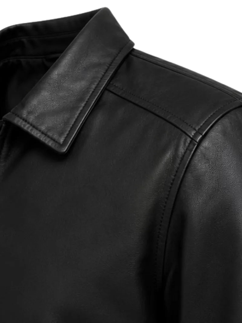 Men's black sheepskin leather shirt jacket, cuff detail