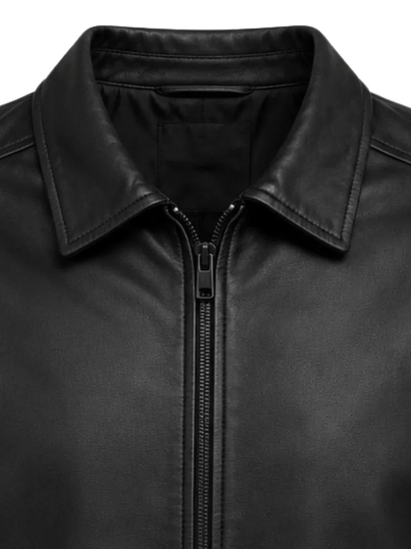 Men's black sheepskin leather shirt jacket, zip and closure detail