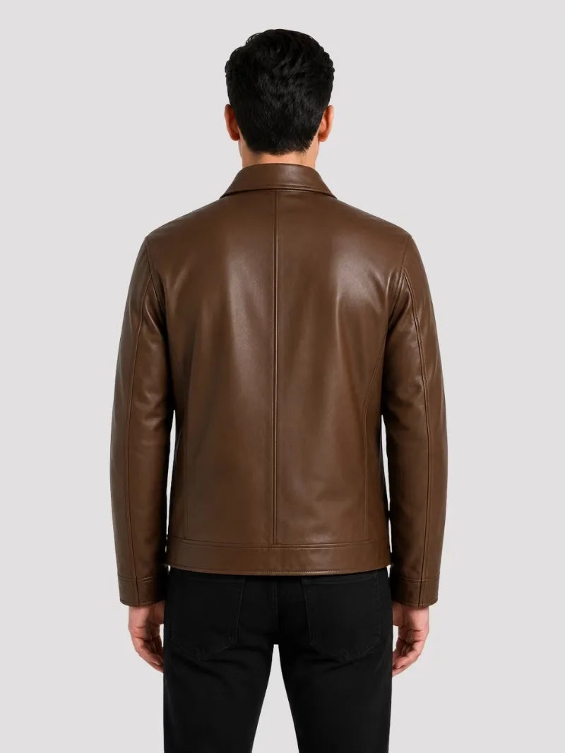 Men's black sheepskin leather shirt jacket, collar detail