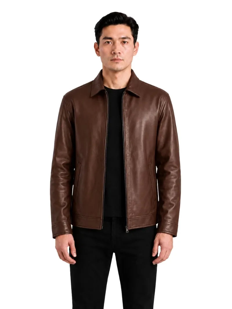 Men's black sheepskin leather shirt jacket, side view