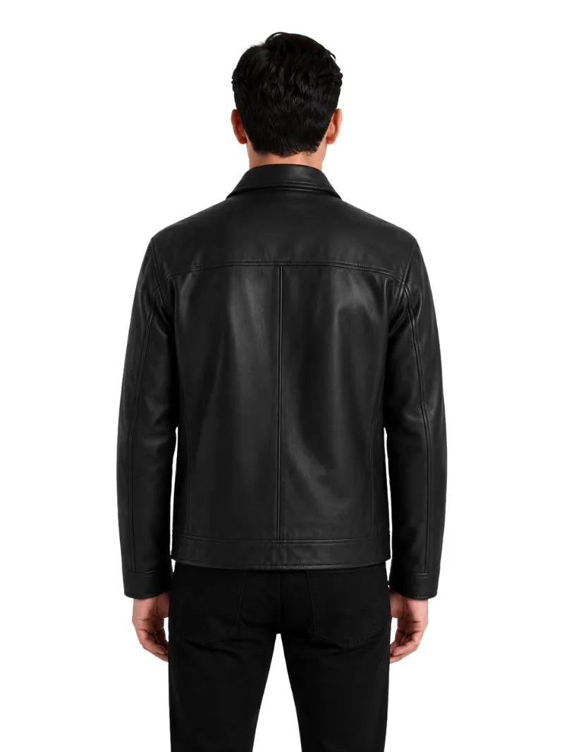Men's black sheepskin leather shirt jacket, back view