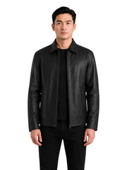 Men's black sheepskin leather shirt jacket, front view