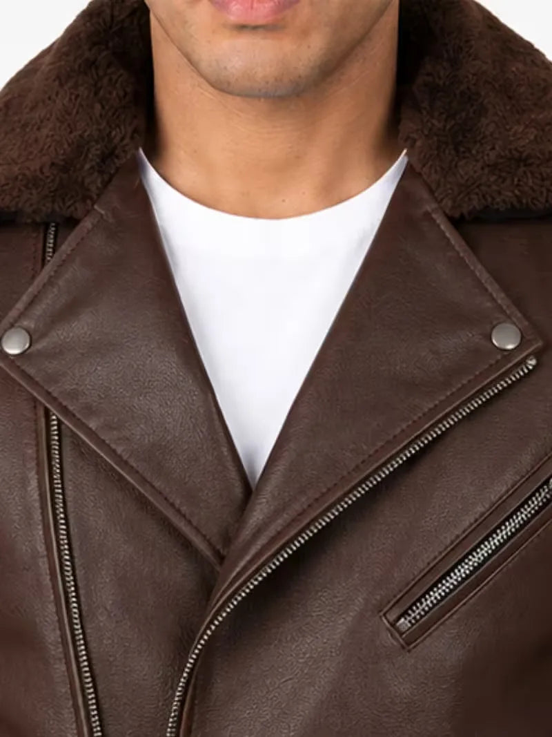 Men's black shearling leather jacket, zip and closure detail