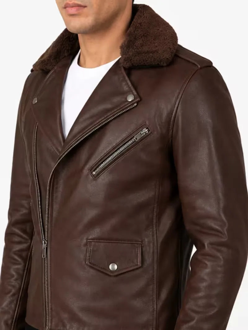 Men's black shearling leather jacket, collar detail