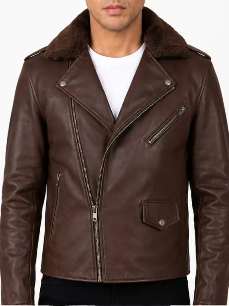 Men's black shearling leather jacket, side view