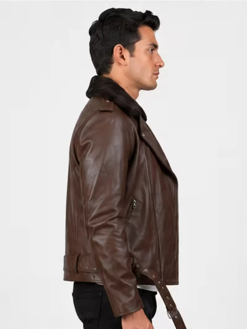 Men's black shearling leather jacket, lining detail