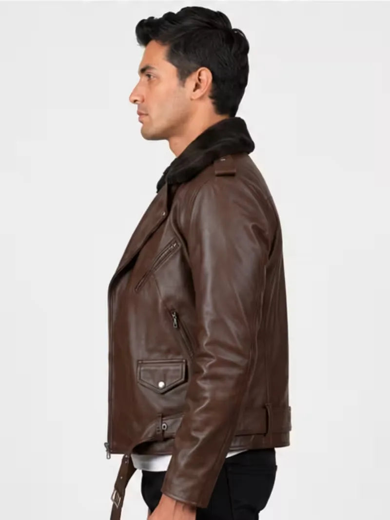 Men's black shearling leather jacket, pocket detail
