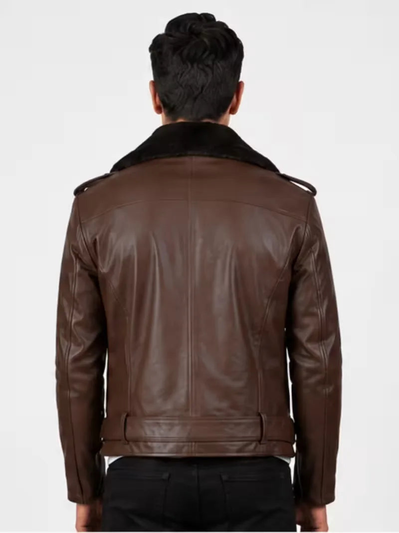 Men's black shearling leather jacket, cuff detail