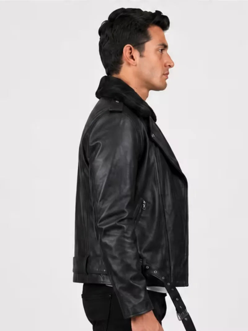 Men's black shearling leather jacket, collar detail