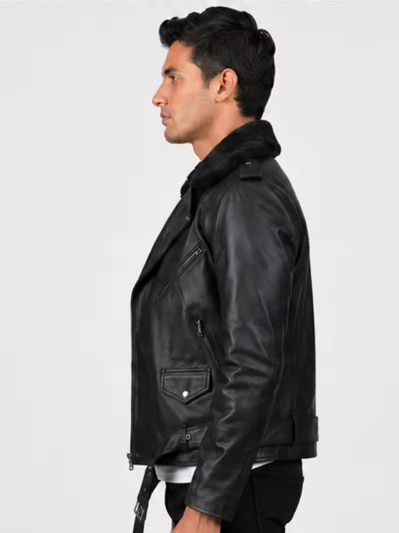 Men's black shearling leather jacket, side view