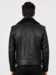Men's black shearling leather jacket, back view