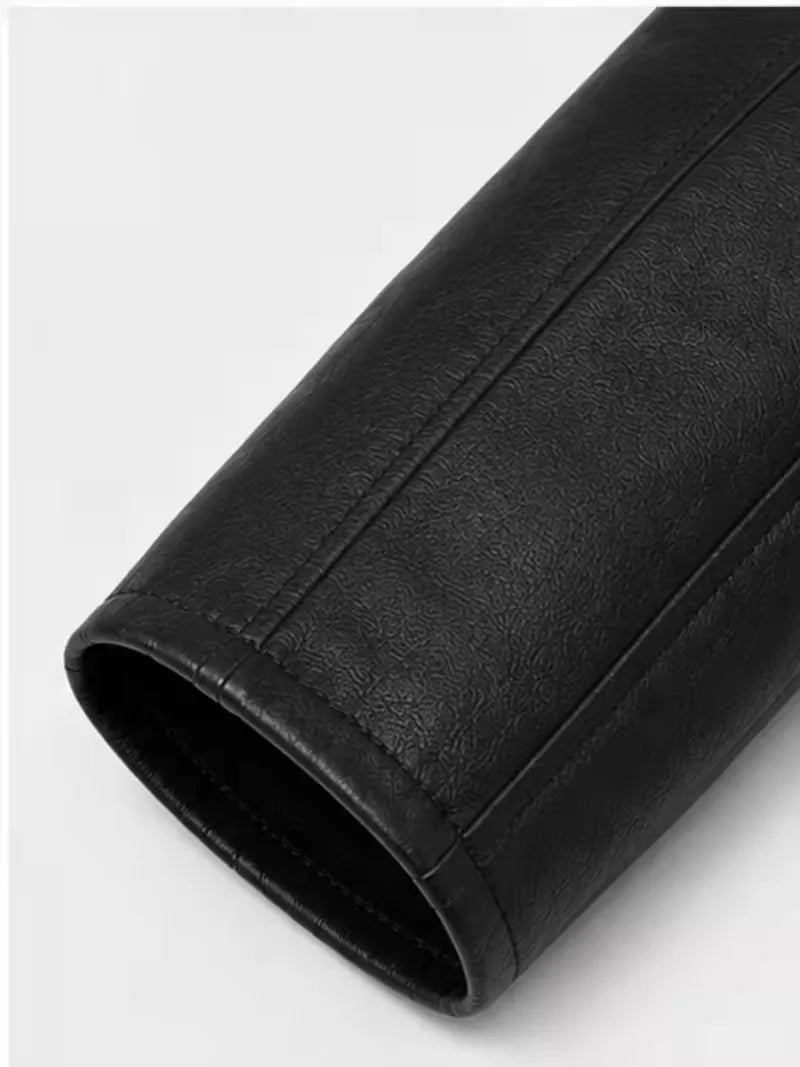 Men's black shearling leather jacket, back view