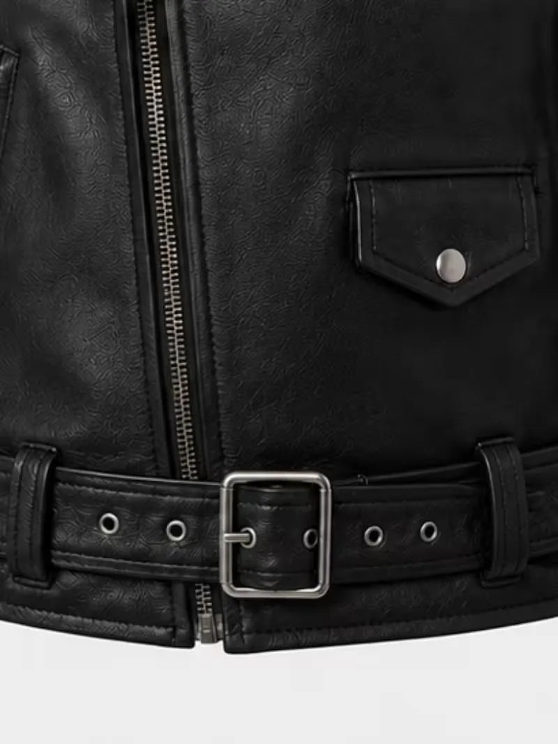 Men's black shearling leather jacket, front view