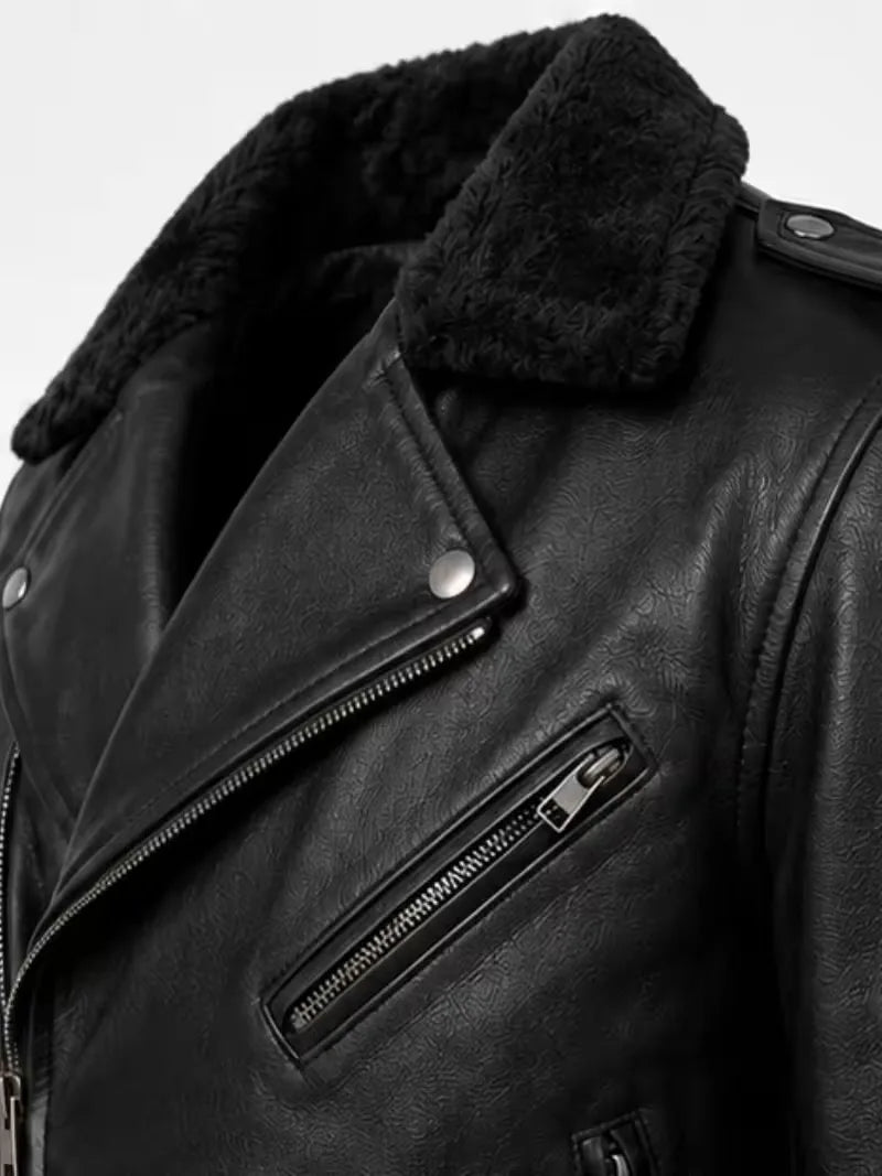 Men's black shearling leather jacket, worn on model