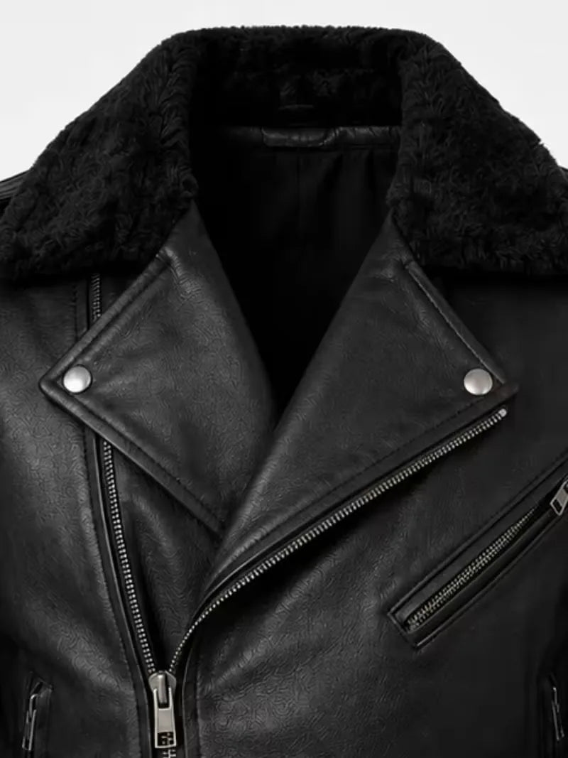 Men's black shearling leather jacket, full length