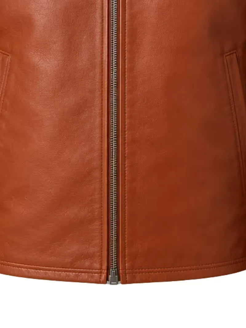 Men's brown sheepskin leather jacket, pocket detail