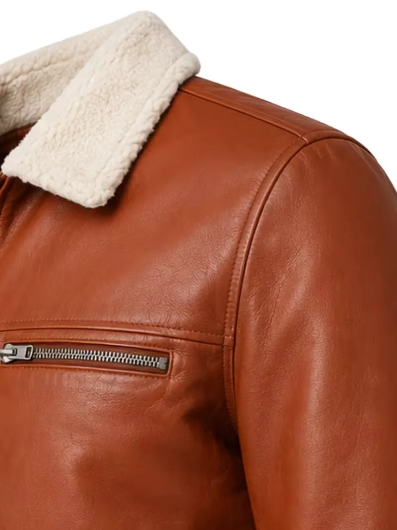 Men's brown sheepskin leather jacket, cuff detail