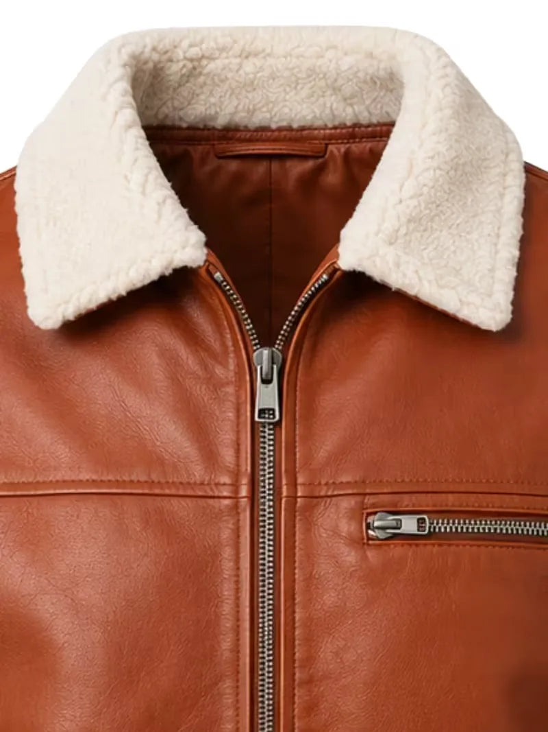 Men's brown sheepskin leather jacket, zip and closure detail
