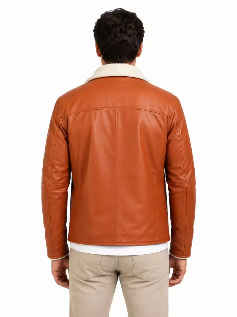 Men's brown sheepskin leather jacket, back view