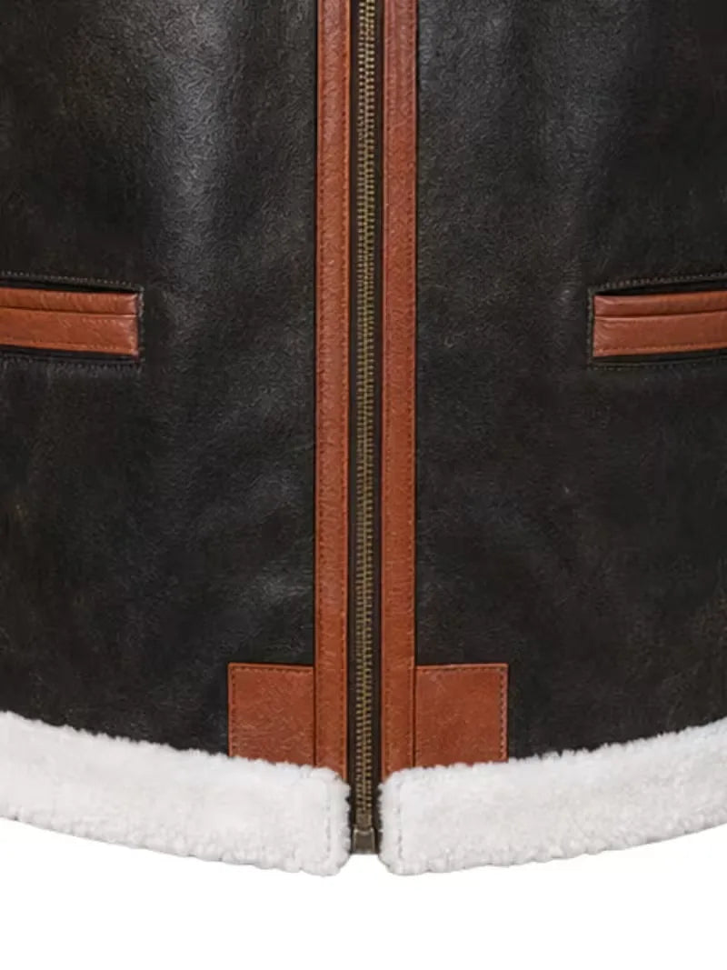 Men's brown shearling leather jacket, pocket detail