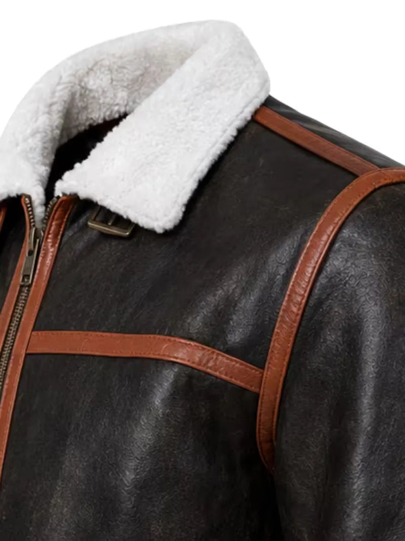 Men's brown shearling leather jacket, cuff detail