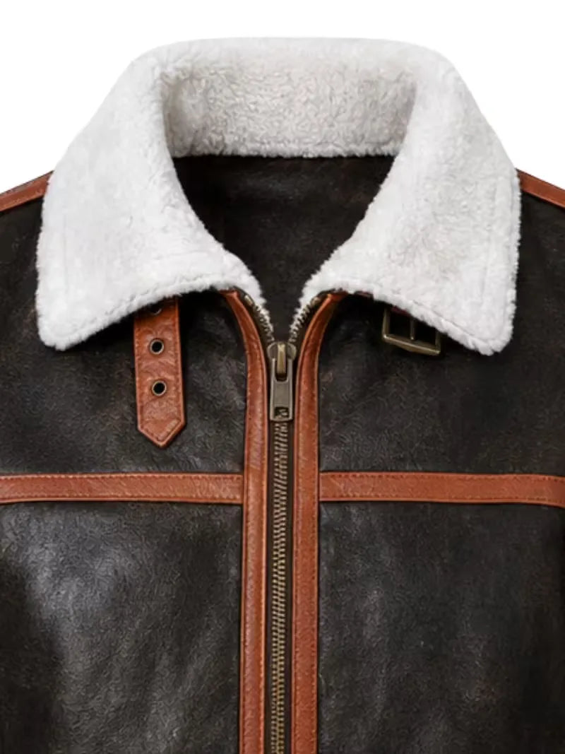 Men's brown shearling leather jacket, zip and closure detail