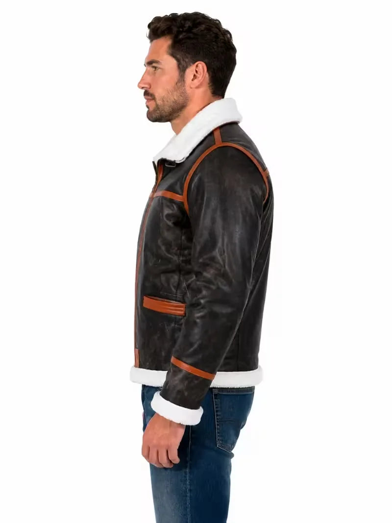 Men's brown shearling leather jacket, collar detail