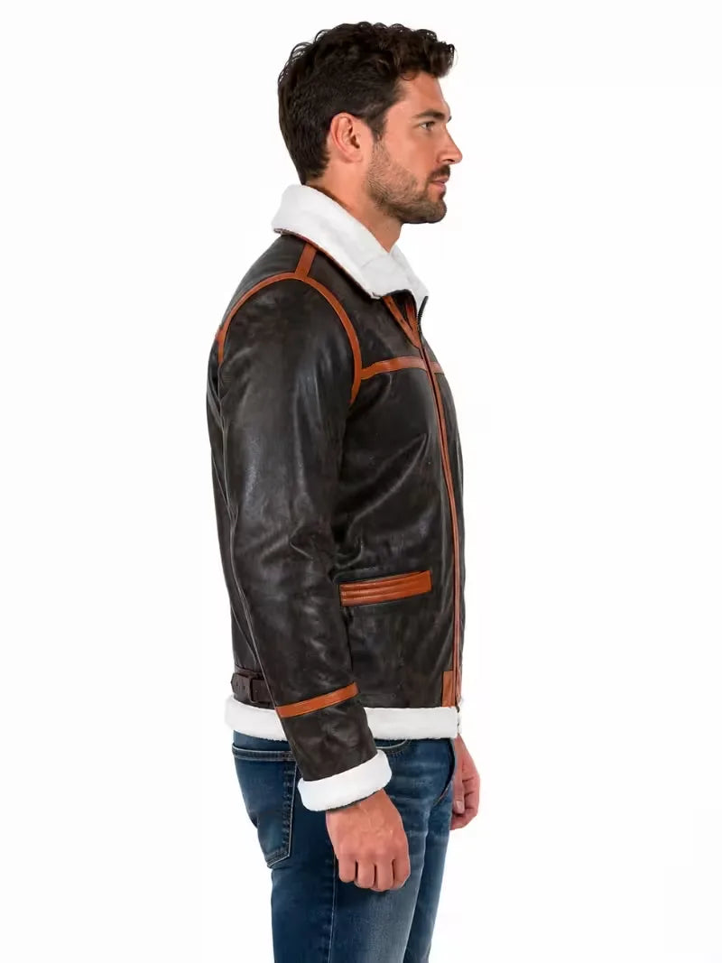 Men's brown shearling leather jacket, side view