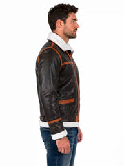 Men's brown shearling leather jacket, side view