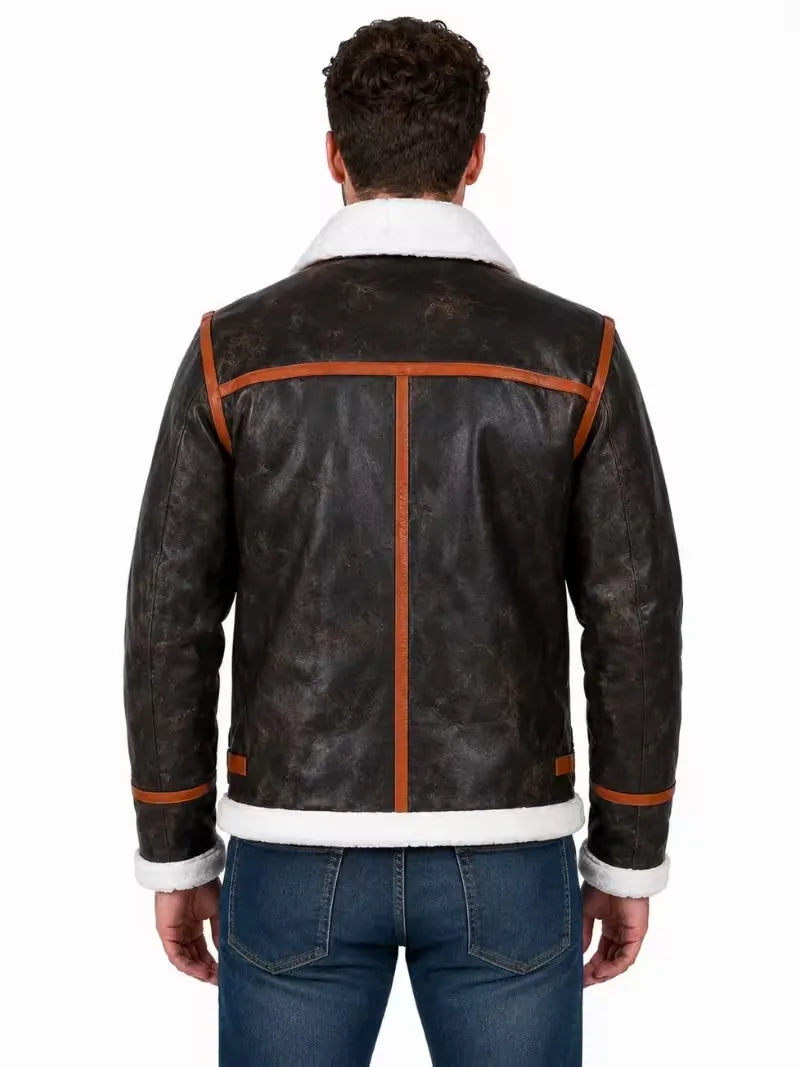 Men's brown shearling leather jacket, back view