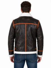 Men's brown shearling leather jacket, back view