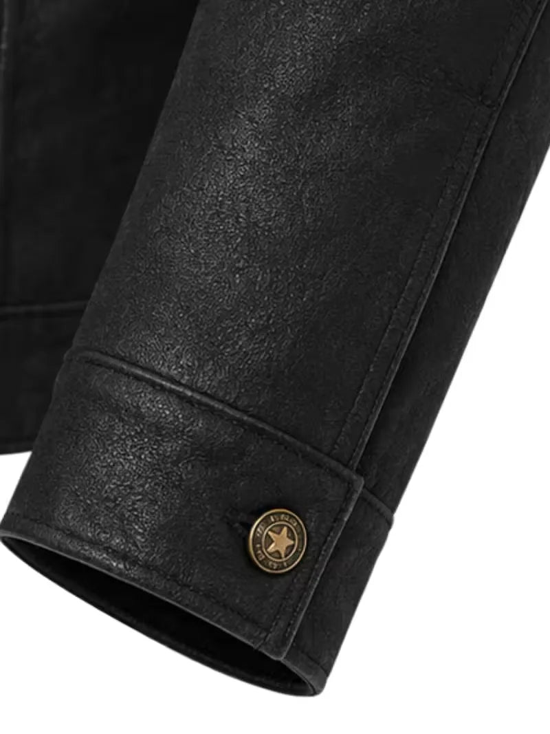 Men's black shearling leather trucker jacket, lining detail