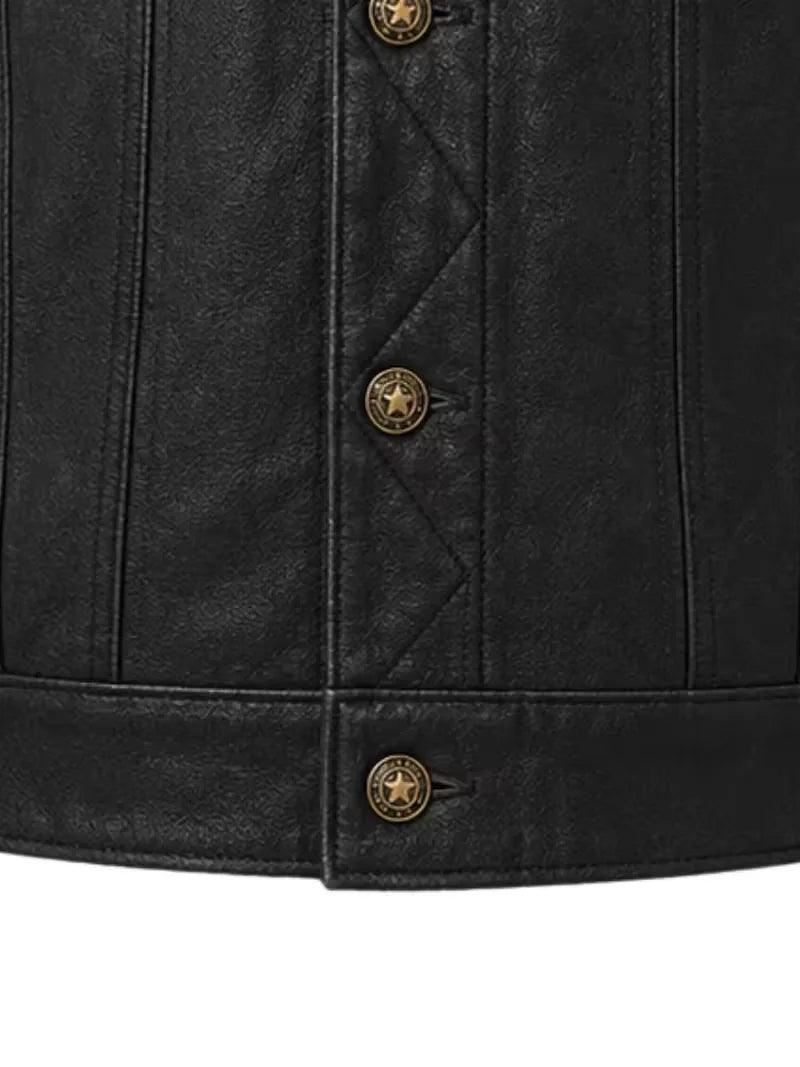 Men's black shearling leather trucker jacket, pocket detail
