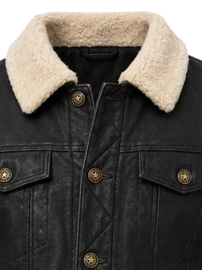 Men's black shearling leather trucker jacket, zip and closure detail