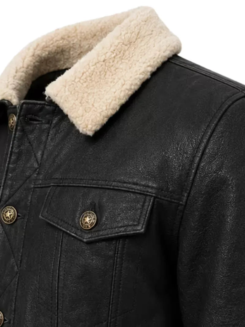 Men's black shearling leather trucker jacket, cuff detail