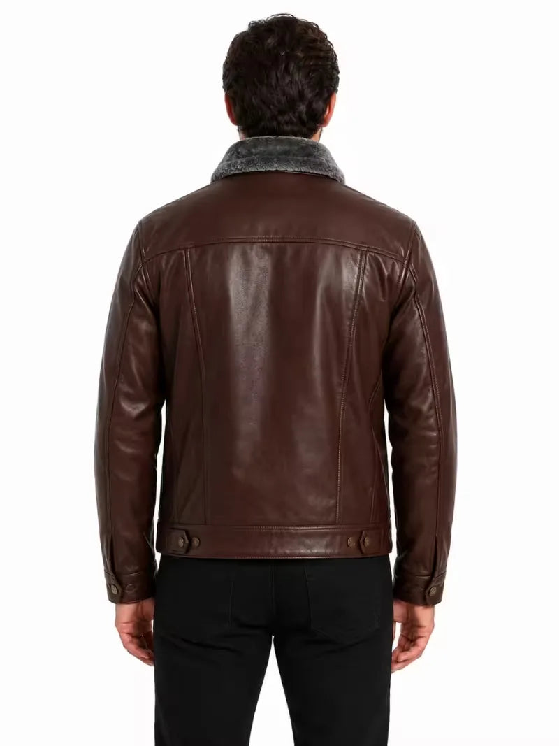 Men's black shearling leather trucker jacket, collar detail