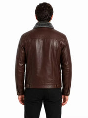 Men's black shearling leather trucker jacket, collar detail
