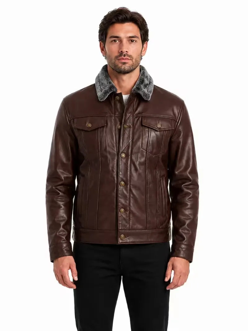 Men's black shearling leather trucker jacket, side view