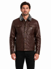 Men's black shearling leather trucker jacket, side view