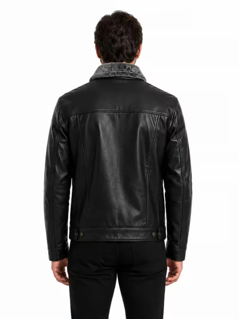 Men's black shearling leather trucker jacket, back view