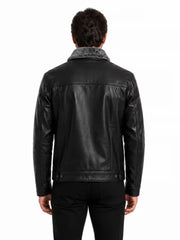 Men's black shearling leather trucker jacket, back view