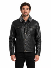 Men's black shearling leather trucker jacket, front view