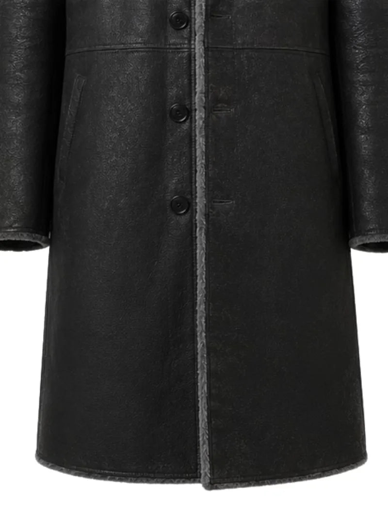 Men's black shearling leather coat, pocket detail