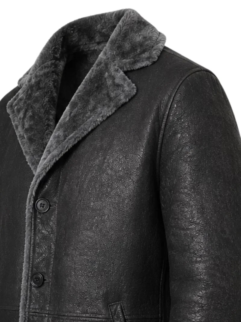 Men's black shearling leather coat, cuff detail